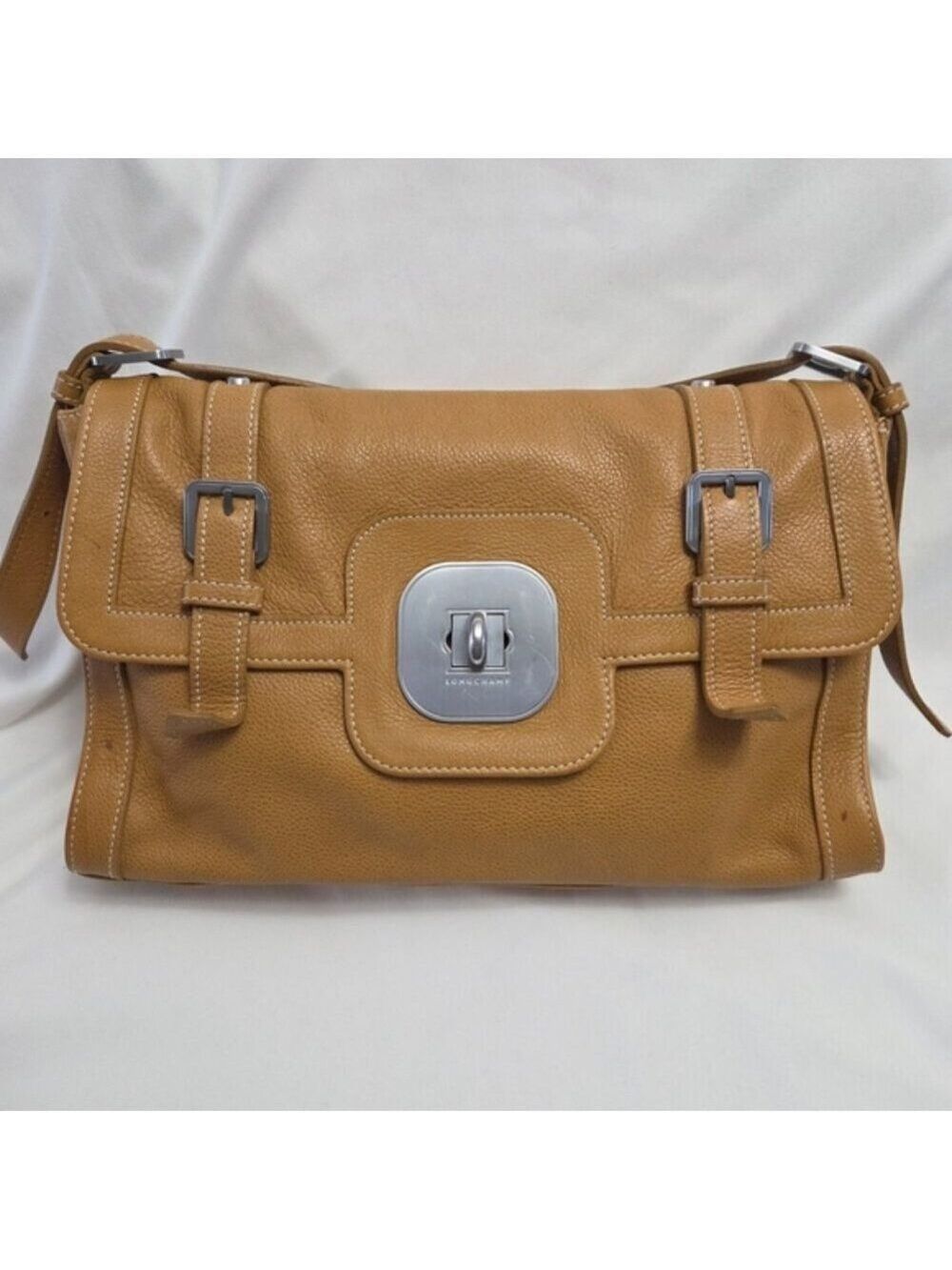 Vintage Longchamp Pebbled Leather Shoulder Bag Tan Caramel Size Medium Large